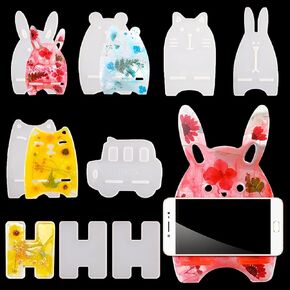 9 PCS Phone Stand Resin Moulds 6 Styles Cell Phone Holder Silicone Epoxy Resin Moulds for DIY Craft Rabbit/car/Bear/cat Shape