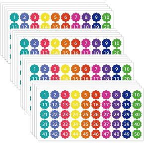 1000 Pcs Number Stickers 1-50, 20 Sheets Dot Consecutive Number Labels Self-Adhesive Water Tear Resistant Number Stickers Without Residue for Office, Classroom, Indoor, Storage Boxes (1" Each)