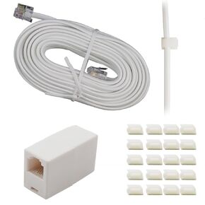 8.4Ft Phone Extension Cord,Telephone Cable with Standard RJ11 Plug and 1 in-Line Couplers and 20 Cable Clip Holders,White
