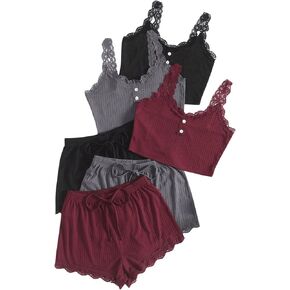 SOLY HUX Women's Lace Trim Pajama Set 6 Piece Button Camisole and Shorts Lounge Set Sleepwear