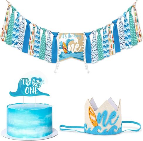 مجموعة كبيرة من 3 قطع من مجموعة تزيين الكيك لعيد الميلاد على شكل تاج مرتفع من 3 قطع للصيف على الشاطئ وركوب الأمواج وحفلات أعياد الميلاد، الطفل الأول باللون الأزرق، لوازم ديكور الحفلات، صور لطيفة، تاج in Kuwait