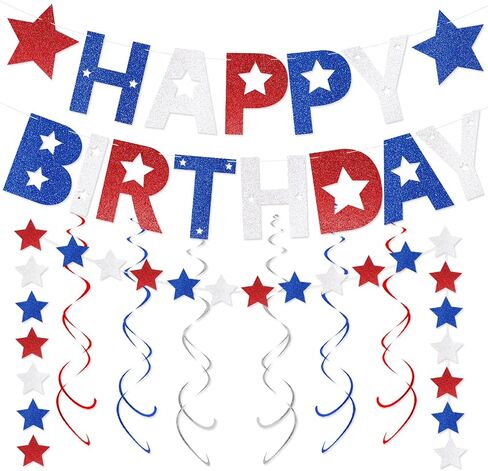 4th of July Happy Birthday Banner, Glitter Red White and Blue Happy Birthday Banner Star Banner and Hanging Swirls, Patriotic America Fourth of July Independence Day Birthday Party Supplies in Saudi Arabia