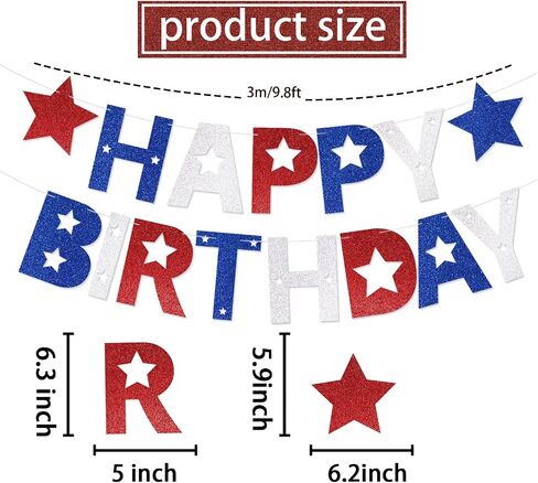 4th of July Happy Birthday Banner, Glitter Red White and Blue Happy Birthday Banner Star Banner and Hanging Swirls, Patriotic America Fourth of July Independence Day Birthday Party Supplies in Saudi Arabia