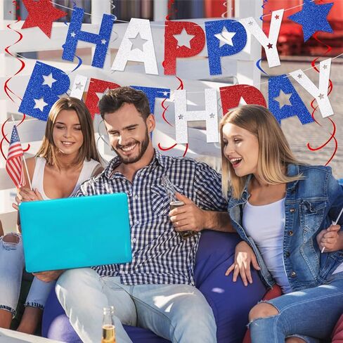4th of July Happy Birthday Banner, Glitter Red White and Blue Happy Birthday Banner Star Banner and Hanging Swirls, Patriotic America Fourth of July Independence Day Birthday Party Supplies in Saudi Arabia
