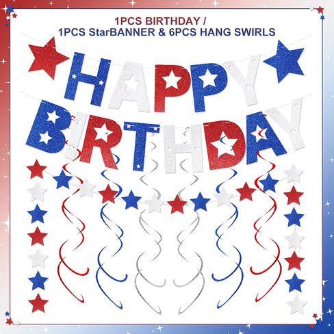 4th of July Happy Birthday Banner, Glitter Red White and Blue Happy Birthday Banner Star Banner and Hanging Swirls, Patriotic America Fourth of July Independence Day Birthday Party Supplies in Saudi Arabia