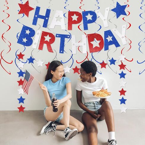 4th of July Happy Birthday Banner, Glitter Red White and Blue Happy Birthday Banner Star Banner and Hanging Swirls, Patriotic America Fourth of July Independence Day Birthday Party Supplies in Saudi Arabia