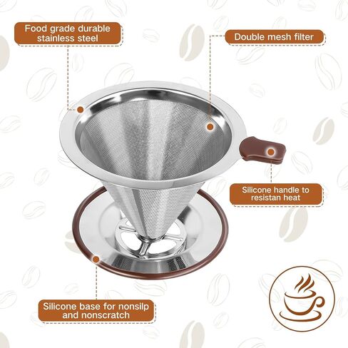 Pour Over Coffee Dripper，Reusable Stainless Steel Drip Cone Coffee Filter, Update Double Ultra Fine Micro Mesh Filter, Professional Paperless Drip Brew Coffee Cone Maker with Cup Stand,1-2 cup in Saudi Arabia