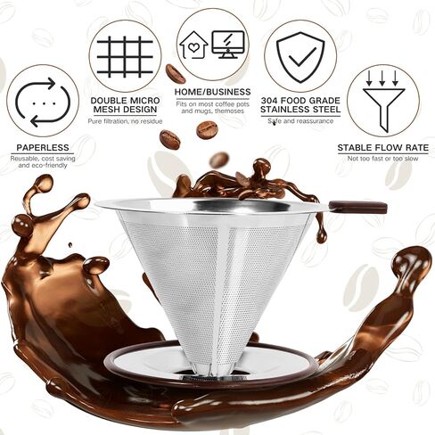 Pour Over Coffee Dripper，Reusable Stainless Steel Drip Cone Coffee Filter, Update Double Ultra Fine Micro Mesh Filter, Professional Paperless Drip Brew Coffee Cone Maker with Cup Stand,1-2 cup in Saudi Arabia