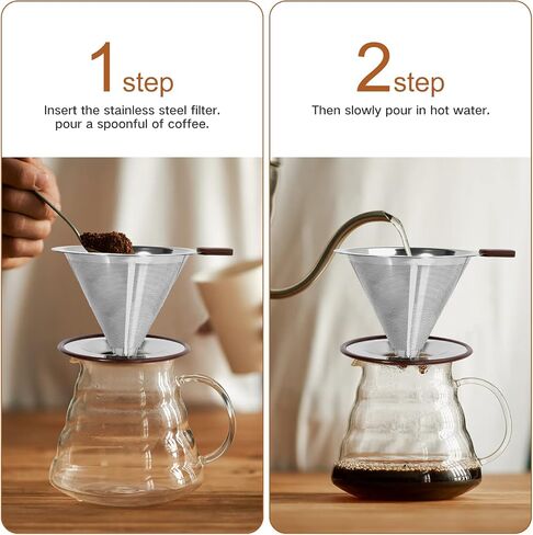 Pour Over Coffee Dripper，Reusable Stainless Steel Drip Cone Coffee Filter, Update Double Ultra Fine Micro Mesh Filter, Professional Paperless Drip Brew Coffee Cone Maker with Cup Stand,1-2 cup in Saudi Arabia