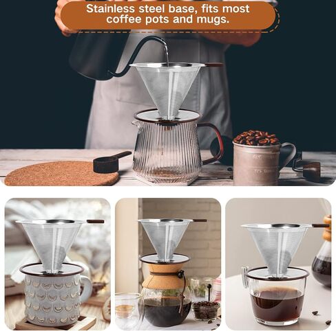 Pour Over Coffee Dripper，Reusable Stainless Steel Drip Cone Coffee Filter, Update Double Ultra Fine Micro Mesh Filter, Professional Paperless Drip Brew Coffee Cone Maker with Cup Stand,1-2 cup in Saudi Arabia