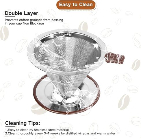 Pour Over Coffee Dripper，Reusable Stainless Steel Drip Cone Coffee Filter, Update Double Ultra Fine Micro Mesh Filter, Professional Paperless Drip Brew Coffee Cone Maker with Cup Stand,1-2 cup in Saudi Arabia