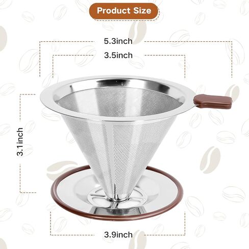 Pour Over Coffee Dripper，Reusable Stainless Steel Drip Cone Coffee Filter, Update Double Ultra Fine Micro Mesh Filter, Professional Paperless Drip Brew Coffee Cone Maker with Cup Stand,1-2 cup in Saudi Arabia