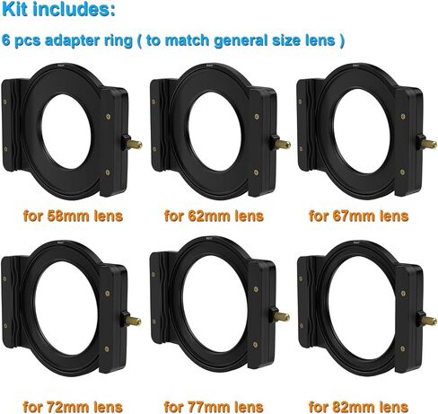SIOTI Camera Square Filter Holder System +1*ND64(6stops) Square Filter + 6*Adapter Ring (58/62/67/72/77/82mm), for 100 * 100mm or 100 * 150mm ND/GND, Compatiable with General Brand Camera in Saudi Arabia
