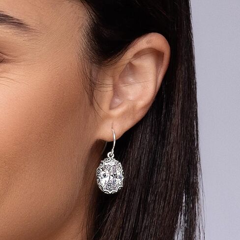 أقراط متدلية من الفضة الإسترليني عيار 925، زهور عتيقة/عتيقة/ملفوفة بالسلك مع مكعب مستدير من الزركونيا تشيكوسلوفاكيا، مؤكسدة، لا تسبب الحساسية، خالية من النيكل والرصاص، مصممة حرفية يدويًا، ظهر سلك فرنسي in Kuwait