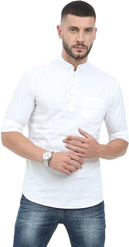 Miraan Men's Casual Cotton Short Kurta Shirt with Mandarin Collar Medium White in Saudi Arabia