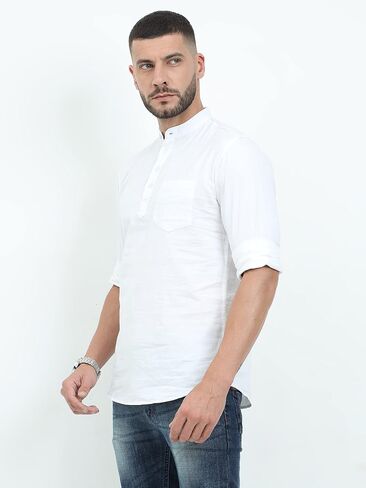 Miraan Men's Casual Cotton Short Kurta Shirt with Mandarin Collar Medium White in Saudi Arabia