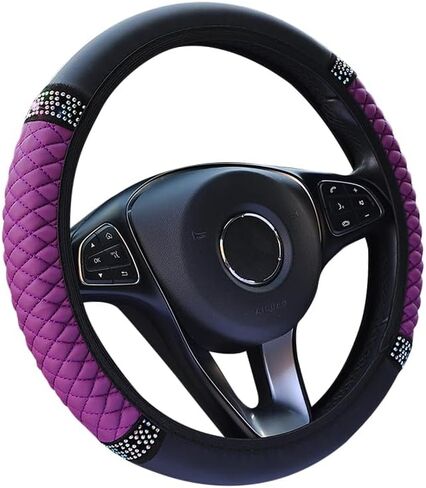 غطاء عجلة القيادة من الجلد اللامع، واقي عجلة القيادة المرن بأحجار الراين الملونة غير القابلة للانزلاق، إكسسوارات السيارة المصنوعة من الألماس الكريستالي، غطاء عجلة القيادة الناعم مقاس 15 بوصة (أصفر) in Kuwait