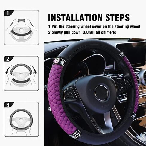 غطاء عجلة القيادة من الجلد اللامع، واقي عجلة القيادة المرن بأحجار الراين الملونة غير القابلة للانزلاق، إكسسوارات السيارة المصنوعة من الألماس الكريستالي، غطاء عجلة القيادة الناعم مقاس 15 بوصة (أصفر) in Kuwait