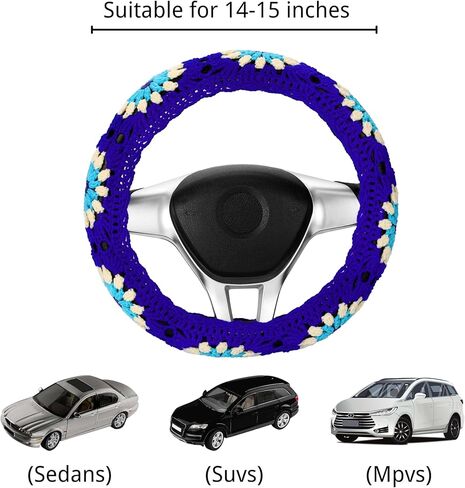 Crochet Steering Wheel Cover Set 14-15in,Cute Knitted Seat Belt Cover Boho,Handmade Blue Sunflower Granny Square Pattern Gift for Women Girl, Accessories for Vehicles (Steering Wheel Cover Set) in Saudi Arabia