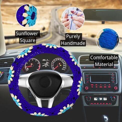 Crochet Steering Wheel Cover Set 14-15in,Cute Knitted Seat Belt Cover Boho,Handmade Blue Sunflower Granny Square Pattern Gift for Women Girl, Accessories for Vehicles (Steering Wheel Cover Set) in Saudi Arabia