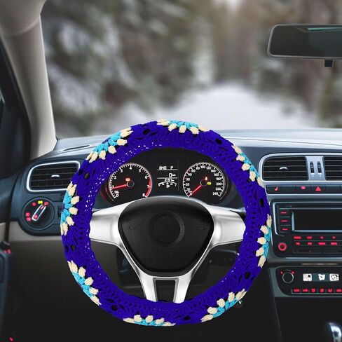 Crochet Steering Wheel Cover Set 14-15in,Cute Knitted Seat Belt Cover Boho,Handmade Blue Sunflower Granny Square Pattern Gift for Women Girl, Accessories for Vehicles (Steering Wheel Cover Set) in Saudi Arabia