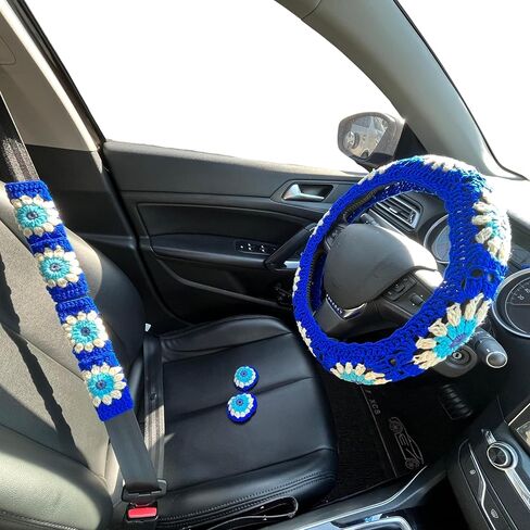 Crochet Steering Wheel Cover Set 14-15in,Cute Knitted Seat Belt Cover Boho,Handmade Blue Sunflower Granny Square Pattern Gift for Women Girl, Accessories for Vehicles (Steering Wheel Cover Set) in Saudi Arabia