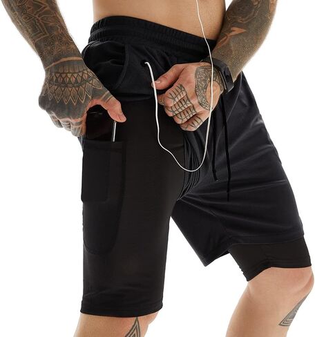 Mens Workout Running Shorts 2 in 1 Quick Dry Gym Yoga Athlethic 7 inch Sports Shorts with Phone Pockets in Saudi Arabia