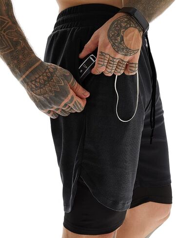 Mens Workout Running Shorts 2 in 1 Quick Dry Gym Yoga Athlethic 7 inch Sports Shorts with Phone Pockets in Saudi Arabia