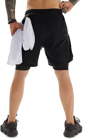 Mens Workout Running Shorts 2 in 1 Quick Dry Gym Yoga Athlethic 7 inch Sports Shorts with Phone Pockets in Saudi Arabia