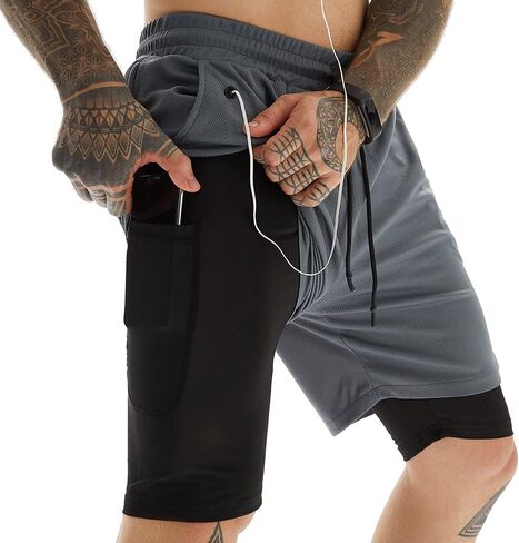 Mens Workout Running Shorts 2 in 1 Quick Dry Gym Yoga Athlethic 7 inch Sports Shorts with Phone Pockets in Saudi Arabia