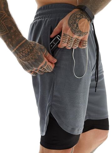 Mens Workout Running Shorts 2 in 1 Quick Dry Gym Yoga Athlethic 7 inch Sports Shorts with Phone Pockets in Saudi Arabia