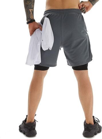 Mens Workout Running Shorts 2 in 1 Quick Dry Gym Yoga Athlethic 7 inch Sports Shorts with Phone Pockets in Saudi Arabia