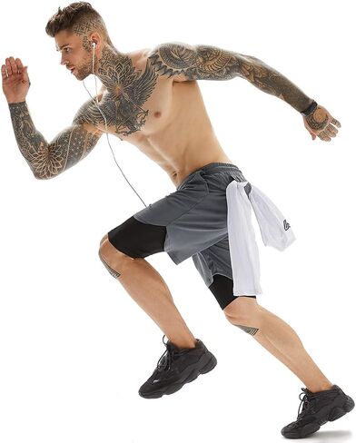 Mens Workout Running Shorts 2 in 1 Quick Dry Gym Yoga Athlethic 7 inch Sports Shorts with Phone Pockets in Saudi Arabia