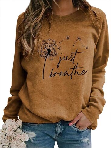 OUNAR إمرأة فقط تنفس الهندباء البلوز عادية Crewneck فضفاض البلوز القمم كم طويل تي شيرتات ورق الرسم البياني in Kuwait