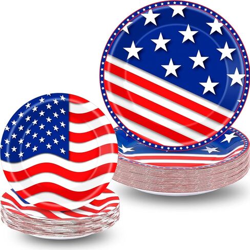 Hortsun 144 قطعة لوحة حفلات الرابع من يوليو، يوم الاستقلال، لوازم الحفلات 4 يوليو، لوحات الحفلات الوطنية الأمريكية، أطباق زرقاء وبيضاء مقاس 9 بوصات و7 بوصات لأدوات المائدة التي تستخدم لمرة واحدة in Kuwait