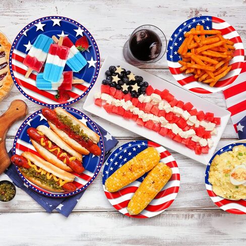 Hortsun 144 قطعة لوحة حفلات الرابع من يوليو، يوم الاستقلال، لوازم الحفلات 4 يوليو، لوحات الحفلات الوطنية الأمريكية، أطباق زرقاء وبيضاء مقاس 9 بوصات و7 بوصات لأدوات المائدة التي تستخدم لمرة واحدة in Kuwait