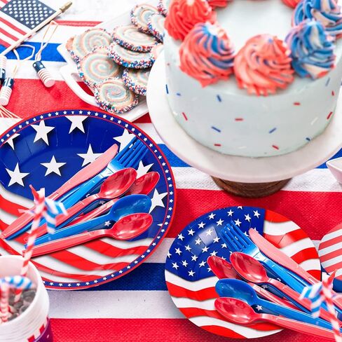 Hortsun 144 قطعة لوحة حفلات الرابع من يوليو، يوم الاستقلال، لوازم الحفلات 4 يوليو، لوحات الحفلات الوطنية الأمريكية، أطباق زرقاء وبيضاء مقاس 9 بوصات و7 بوصات لأدوات المائدة التي تستخدم لمرة واحدة in Kuwait