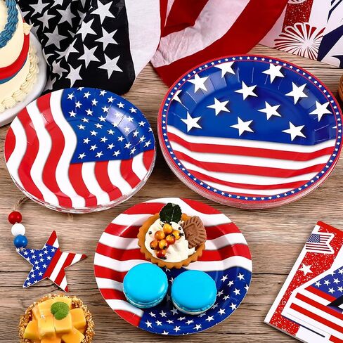 Hortsun 144 قطعة لوحة حفلات الرابع من يوليو، يوم الاستقلال، لوازم الحفلات 4 يوليو، لوحات الحفلات الوطنية الأمريكية، أطباق زرقاء وبيضاء مقاس 9 بوصات و7 بوصات لأدوات المائدة التي تستخدم لمرة واحدة in Kuwait