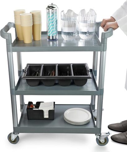 New Star Foodservice 54545 250-Pound Plastic 3-Tier Utility Bus Cart with Locking Casters, 32" x 16" x 38", Gray in Saudi Arabia
