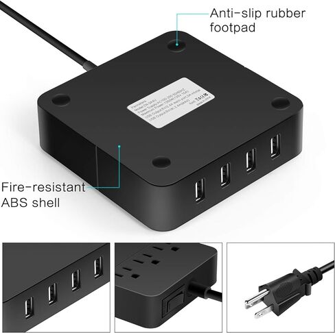 شريط طاقة مع 4 منافذ USB و3 منافذ - شريط USB محمول وواقي من زيادة التيار ومحطة شحن سطح المكتب وسلك طاقة USB مع مفتاح تشغيل/إيقاف وسلك بطول 5 أقدام للسفر والفندق والمكتب in Saudi Arabia