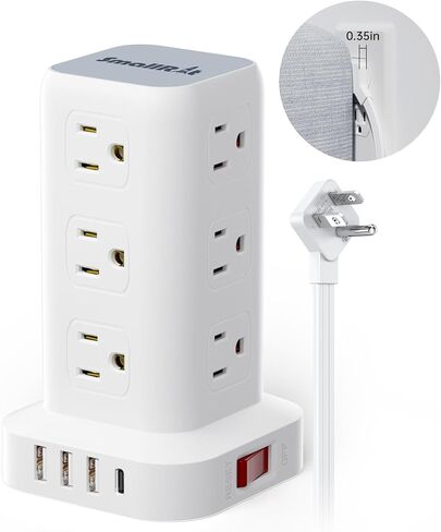 حامي برج قطاع الطاقة، سلك تمديد مسطح رفيع للغاية بطول 10 أقدام مع 12 تيار متردد 4 USB (1 USB C)، محطة شحن سطح المكتب لبرج قطاع الطاقة للمكتب المنزلي والأرائك والأسرة in Kuwait