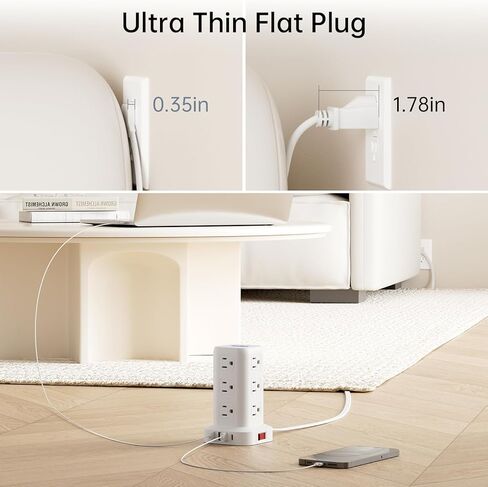 حامي برج قطاع الطاقة، سلك تمديد مسطح رفيع للغاية بطول 10 أقدام مع 12 تيار متردد 4 USB (1 USB C)، محطة شحن سطح المكتب لبرج قطاع الطاقة للمكتب المنزلي والأرائك والأسرة in Kuwait