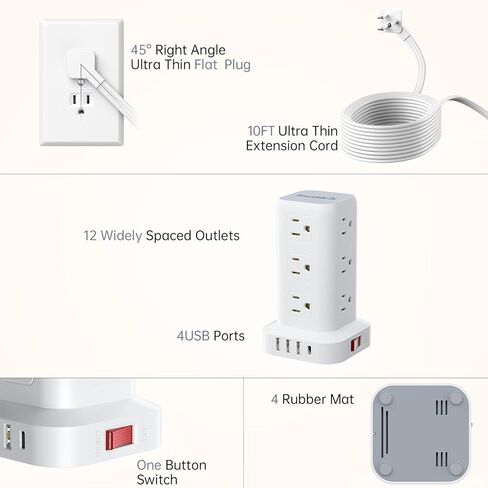 حامي برج قطاع الطاقة، سلك تمديد مسطح رفيع للغاية بطول 10 أقدام مع 12 تيار متردد 4 USB (1 USB C)، محطة شحن سطح المكتب لبرج قطاع الطاقة للمكتب المنزلي والأرائك والأسرة in Kuwait