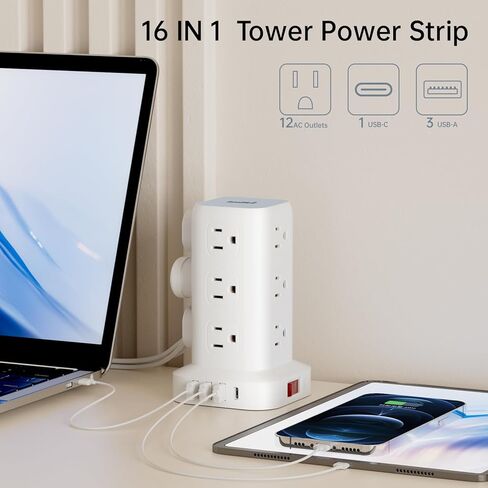 حامي برج قطاع الطاقة، سلك تمديد مسطح رفيع للغاية بطول 10 أقدام مع 12 تيار متردد 4 USB (1 USB C)، محطة شحن سطح المكتب لبرج قطاع الطاقة للمكتب المنزلي والأرائك والأسرة in Kuwait