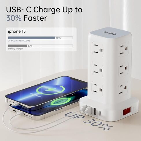 حامي برج قطاع الطاقة، سلك تمديد مسطح رفيع للغاية بطول 10 أقدام مع 12 تيار متردد 4 USB (1 USB C)، محطة شحن سطح المكتب لبرج قطاع الطاقة للمكتب المنزلي والأرائك والأسرة in Kuwait