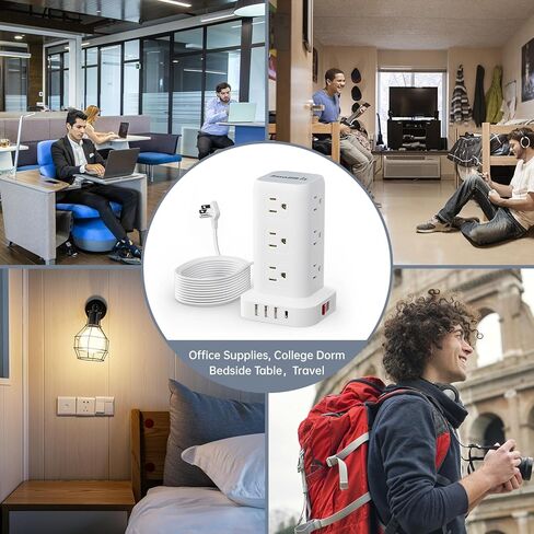 حامي برج قطاع الطاقة، سلك تمديد مسطح رفيع للغاية بطول 10 أقدام مع 12 تيار متردد 4 USB (1 USB C)، محطة شحن سطح المكتب لبرج قطاع الطاقة للمكتب المنزلي والأرائك والأسرة in Kuwait