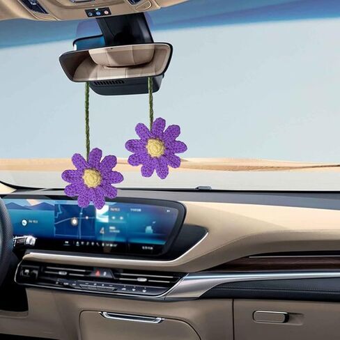 1 PC Car Daisy Crochet Hanging Ornament, DIY Handmade Woven Low-Key Elegant Decoration, Cute Rearview Mirror Pendant Interior Aesthetics, Universal Interior Accessories for Most Cars (Purple) in Saudi Arabia