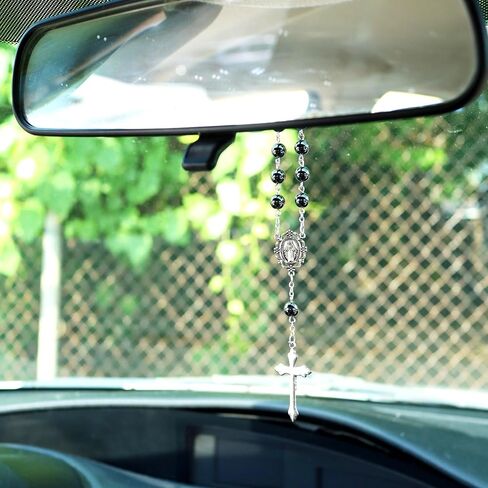 Black Auto Rosary, Daily Devotional, Rearview Mirror or Gear Shift Hanging Car Accessory, Gift Boxed, 7.5 Inches in Saudi Arabia