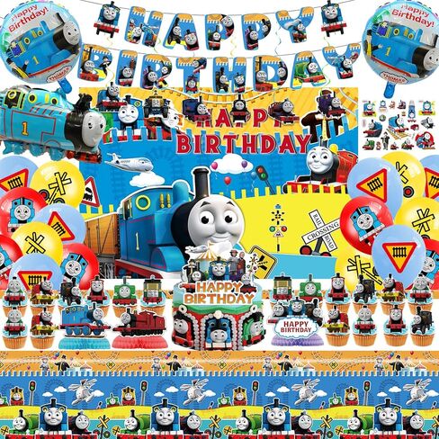 102 Pcs Cartoon Train Theme Party Decorations, Including Birthday Banner, Hanging Swirls, Cake&Cupcake Toppers, Balloons, Backdrop, Tablecloth, Temporary Stickers,Cartoon Honeycombs, Foil Balloons in Kuwait