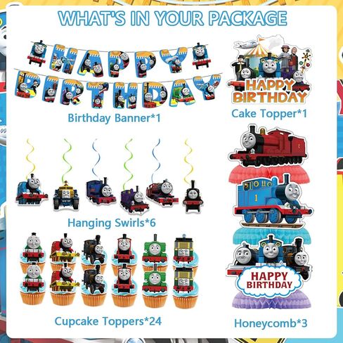 102 Pcs Cartoon Train Theme Party Decorations, Including Birthday Banner, Hanging Swirls, Cake&Cupcake Toppers, Balloons, Backdrop, Tablecloth, Temporary Stickers,Cartoon Honeycombs, Foil Balloons in Kuwait